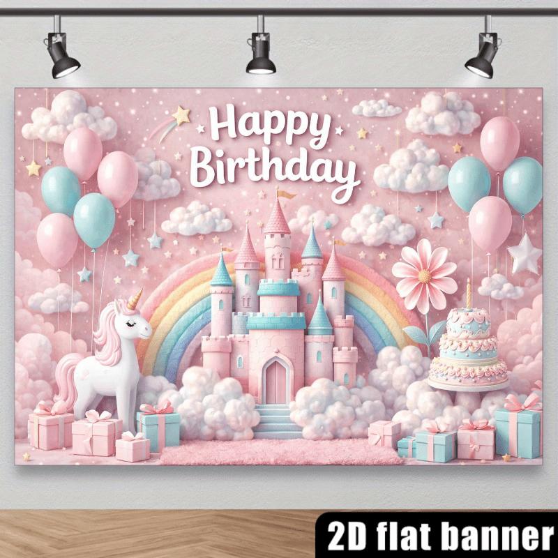 2D plane fantasy birthday celebration backdrop, soft pink walls, warm light strings, three-dimensional clouds