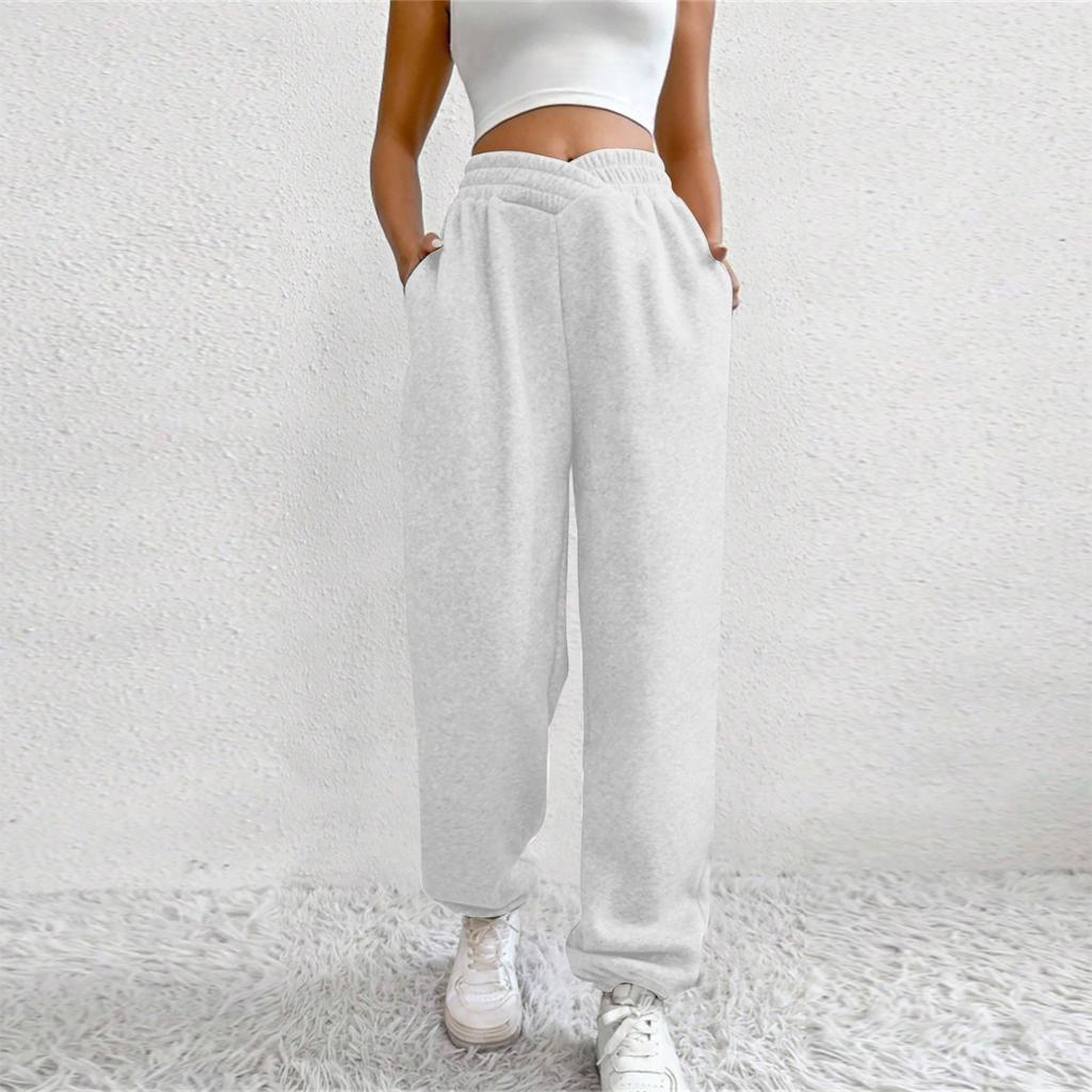 Women's High Waist Solid Color Casual Trousers Workout Sports Joggers Pants With Pockets