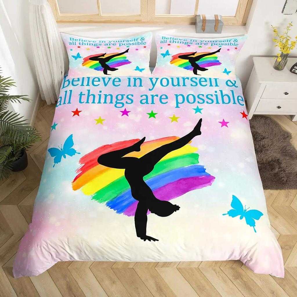 Gymnastics Dance Lovers Duvet Cover King,Watercolor Butterfly Star Sky Bedding Set 3pcs,Silhouette Rainbow Graffiti Quilt Cover