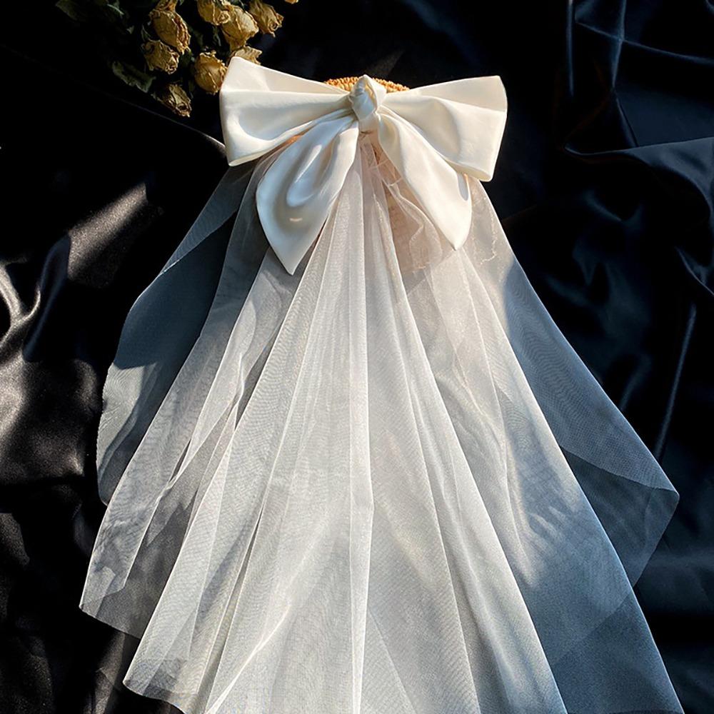 Марлевая Свадебная Фата Многослойная Фата с Жемчугом и Бантом Романтическая Белая Свадебная Фата из Тюля Свадебное Платье