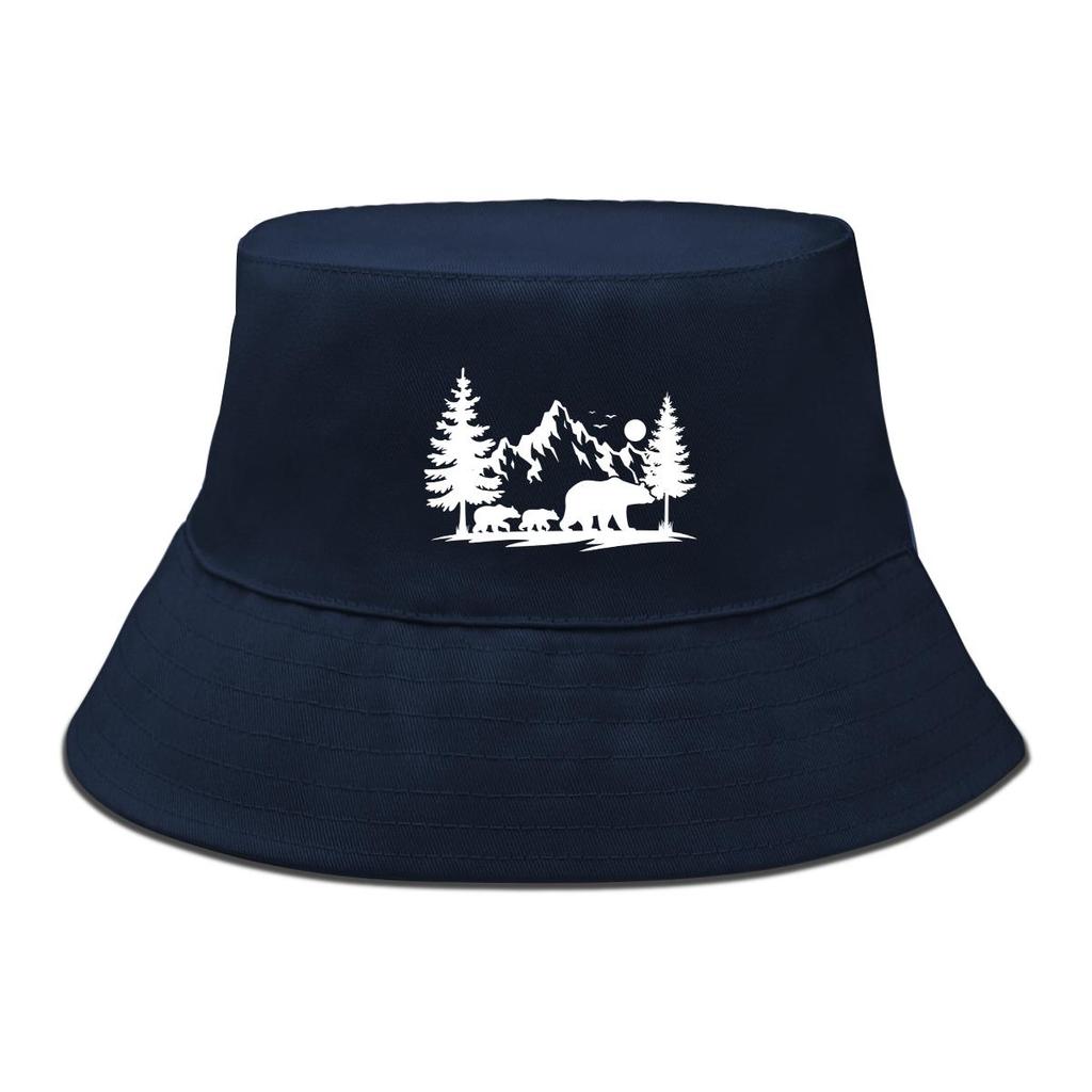 Bucket Hat With White Forest Mountains Print , Animal Fisherman Hat Solid Color Beach Simple Beach Cap