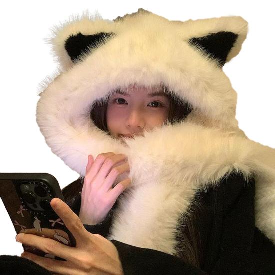 Женская шапка в форме лисьих ушек, утолщенная плюшевая теплая зимняя шапка с дизайном шарфа, для активного отдыха