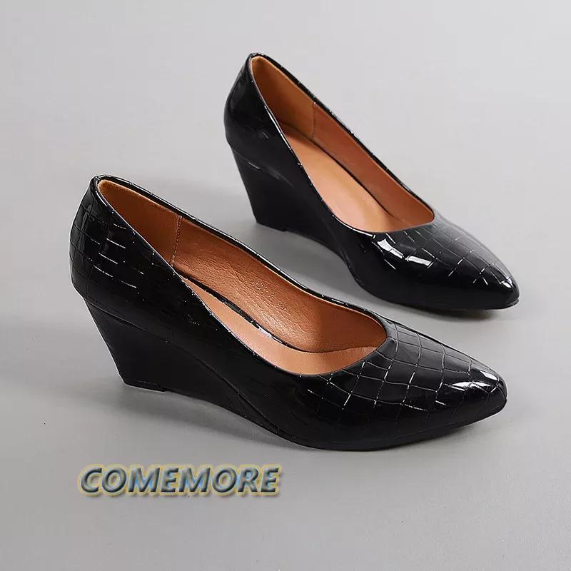 Весна Осень Туфли на высоком каблуке Женские Серебряные Лакированные Туфли на танкетке Женские Офисные Платья Вечерние Вечерние Острый Носок Большой Размер