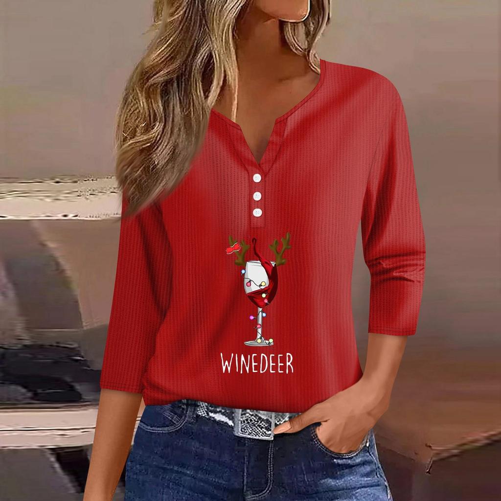 Women‘s Fashion Casual Christmas Wine Glass Printed V-neck 3/4 Sleeve Button Knit Hoodie Regular Top