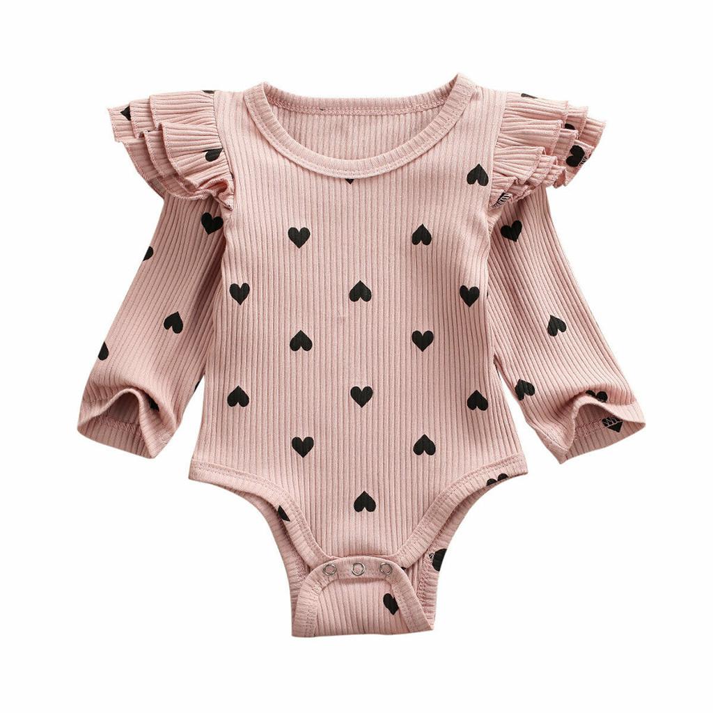 Infant Newborn Baby Girls Valentine's Day Heart Print Ruffles Romper Bodysuit
