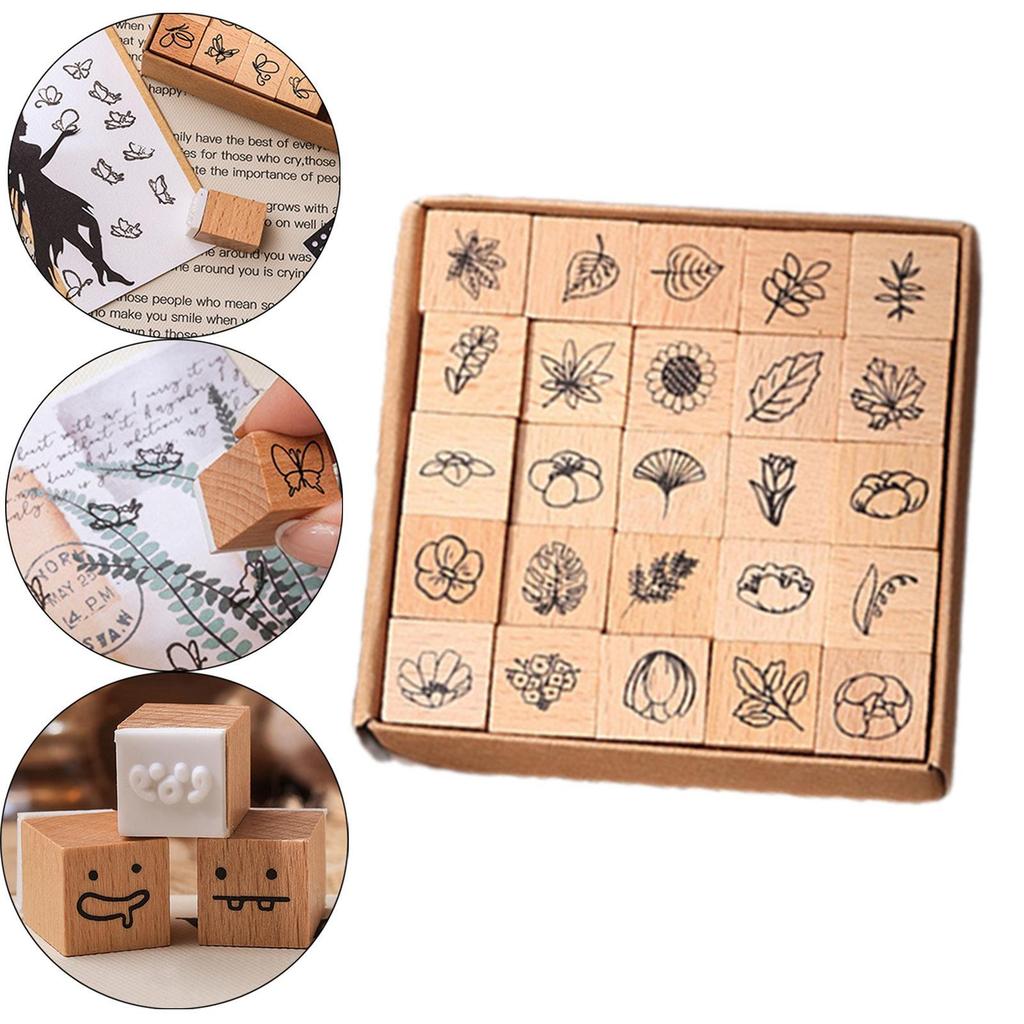 25 Pieces Wood Stamps Crafts DIY Wooden Rubber Stamps for Photo Album Scrapbooking Supplies Painting Journals Happy Planner