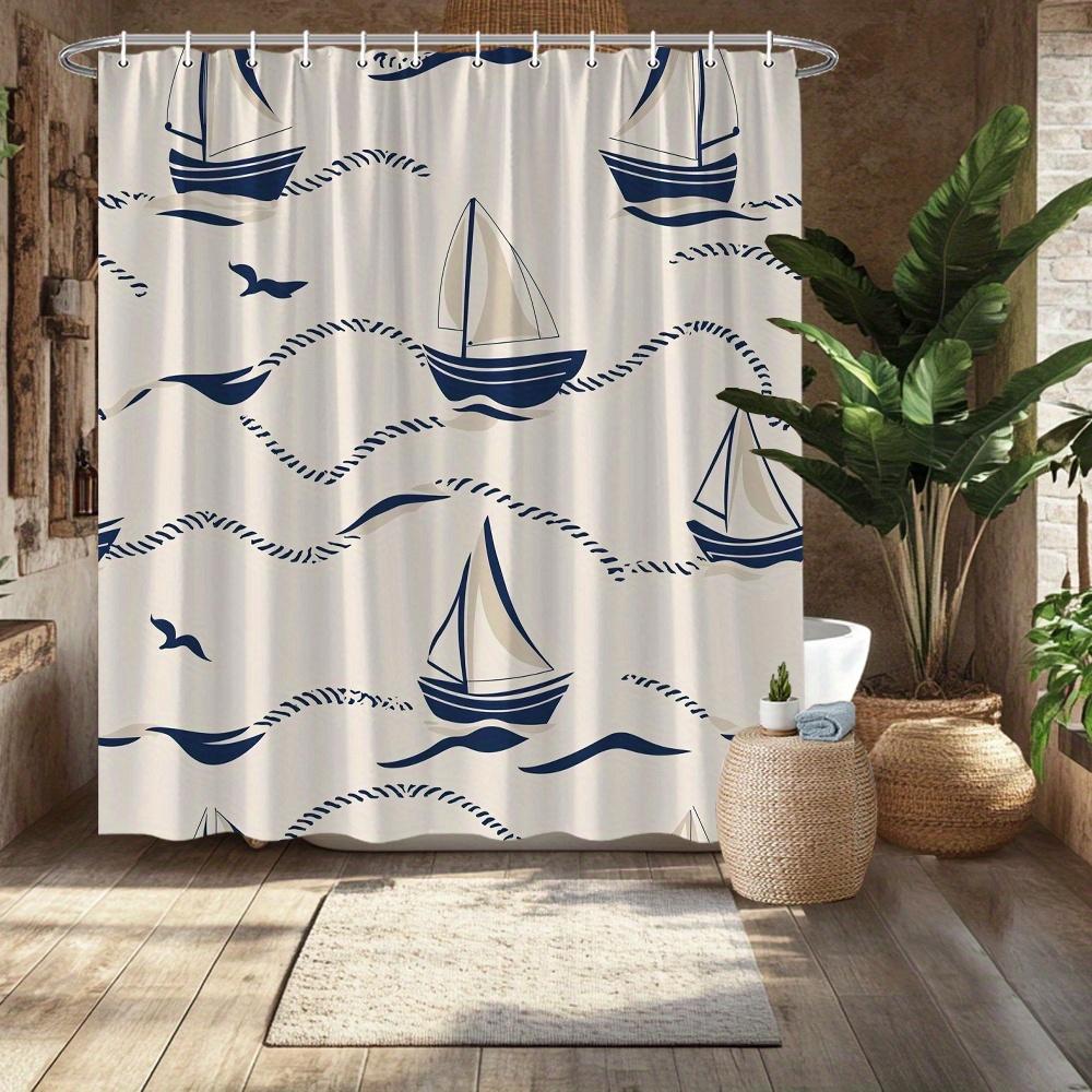Nautical Sailboat Shower Curtain, Fade-Resistant Polyester, Sailboat & Seagull Design, Easy Installation, Beach Bath Decor