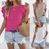 Spring Summer Casual Hollowed-out Twist Color-blocking Black Ear-trimmed Knitted Top for Women's Vacation