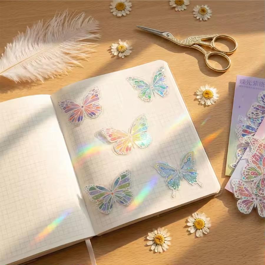 20Pcs Butterfly Scrapbook Stickers Kit Holographic PET Transparent Waterproof Stickers Set for Junk Journal Journaling