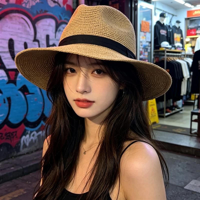 Natural fine woven Lafite straw hat women's sunshade sunscreen bucket hat seaside hat women's UV protection large brim