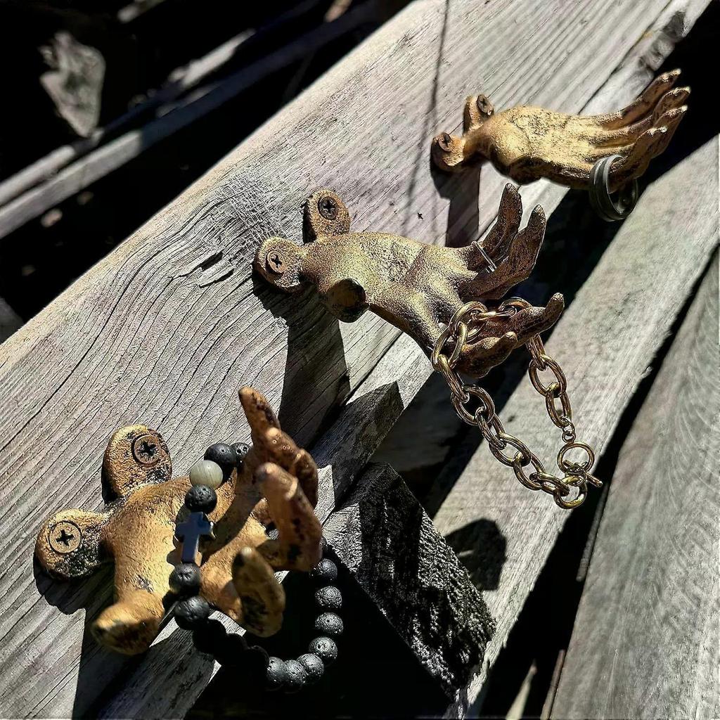 Set of 3 Cast Iron Creepy Hand Decorative Wall Hooks, Antique Black Distressed Gothic Decor for Light Items, Indoor Entryway, Bedroom, Jewelry and Key