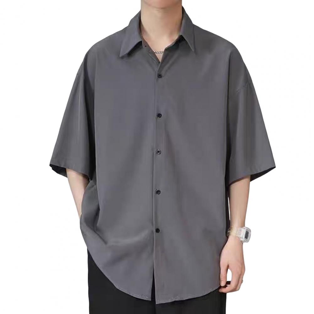Men Spring Top Men's Casual Loose Fit Ice Silk Shirt with Turn-down Collar Half Sleeves Stylish Button-up Top for School Dating