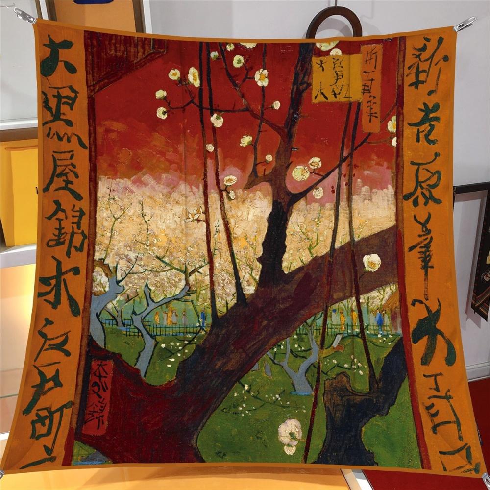 Silk Scarf Women Oil Painting Square Scarves Head Echarpes Silk Foulards Femme Wraps Beach Shawls Bandana Lady Hijabs 90CM