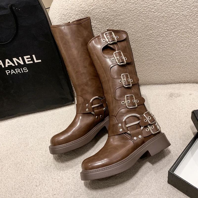 Fashion Women High Knight Boots Fashion Belt Buckle Slip On Long Booties Retro Style Autumn Winter Female Elegant Low Heel Shoes