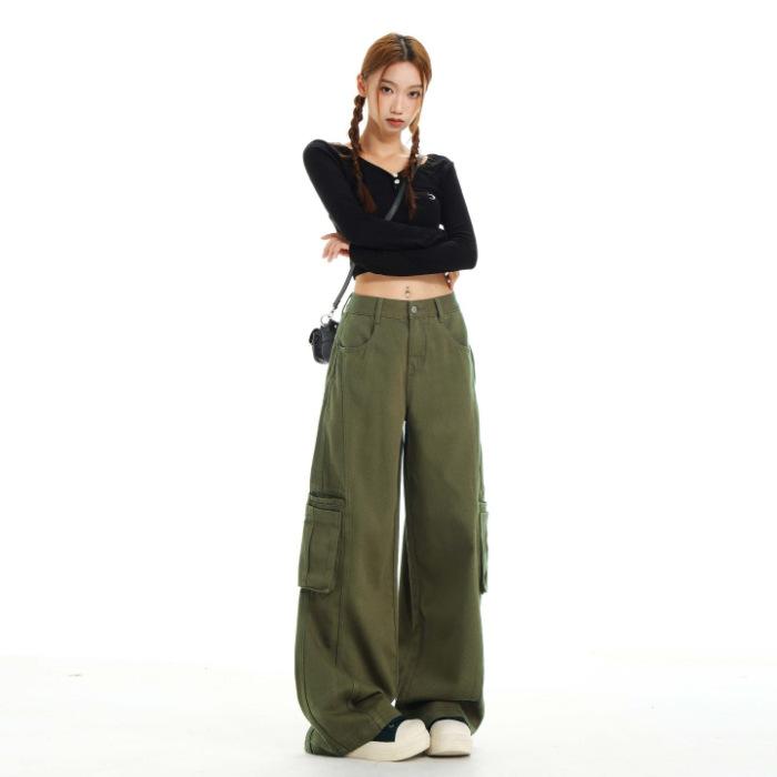 Army green casual high-waisted tooling jeans women's 1116 spring new thin loose big pocket wide-leg pants cotton