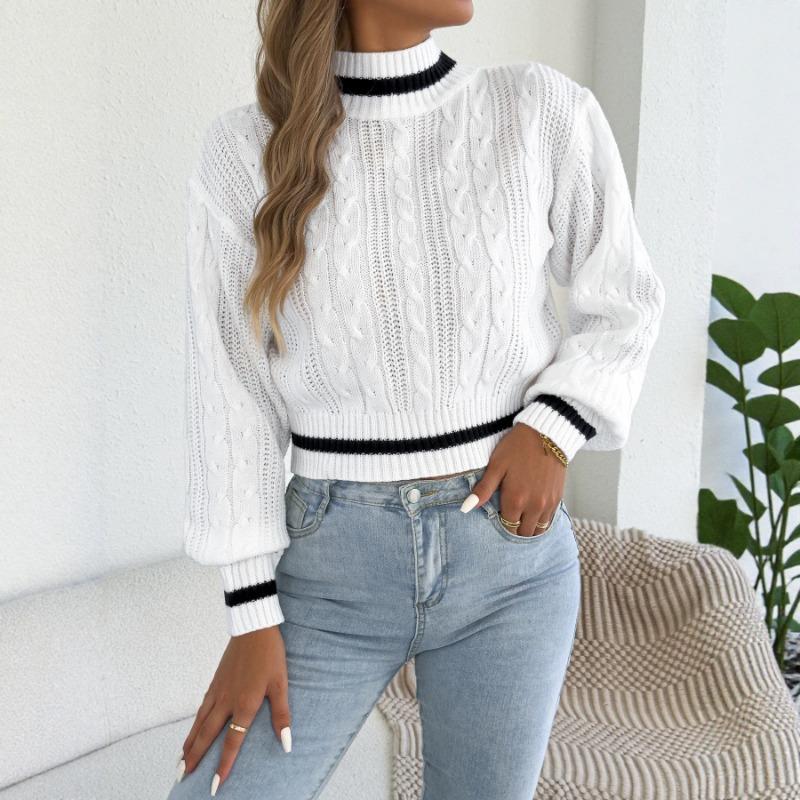Women S Casual Color Block Half High Neck Waist Tightened Lantern Sleeve Sweater