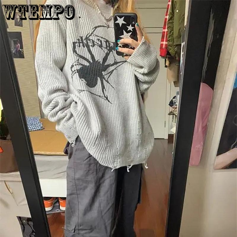 WTEMPO Серый свитер Harajuku с принтом паука, женский готический винтажный рваный гранжевый свитер Y2K, уличный корейский повседневный хип-хоп-пуловер