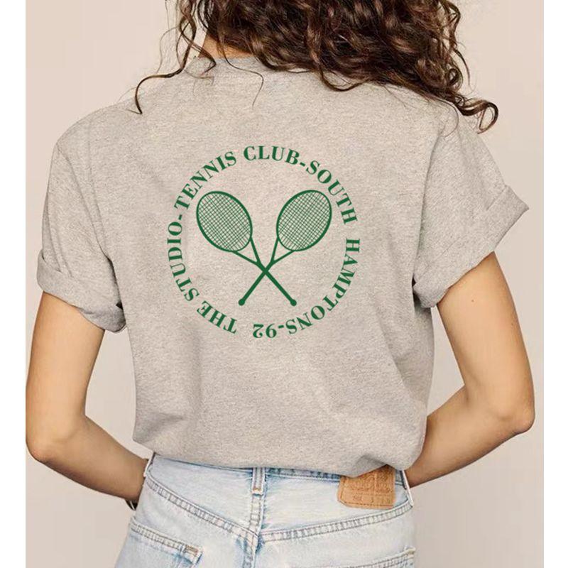 American Retro Sports Style Tennis Club Tennis Club Girls Small Icon Front and Rear Print Pure Cotton Short Sleeved T-shirt