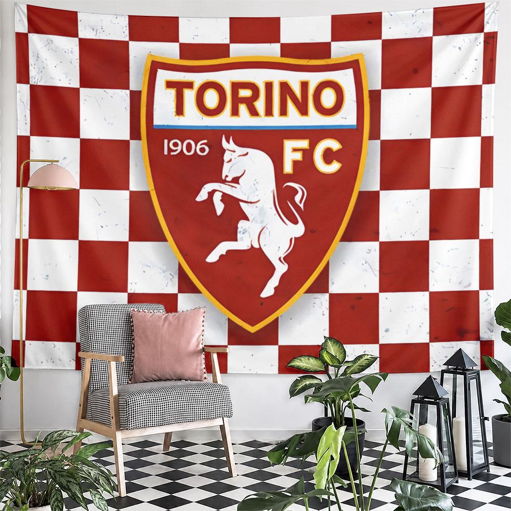 Red and white checkered background with a Torino FC logo featuring a horse. Patterned tapestry for bedroom and living room home decor