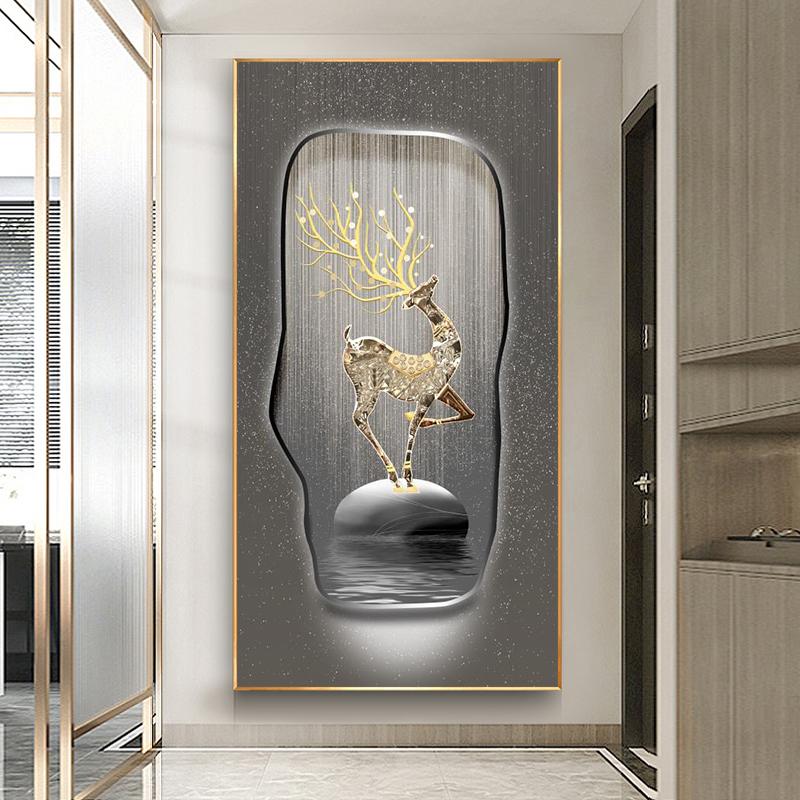 Абстрактные картины на холсте с золотым оленем в стиле фэншуй, постеры и принты из дзен-камня, современные роскошные настенные рисунки с листьями для декора крыльца без рамки