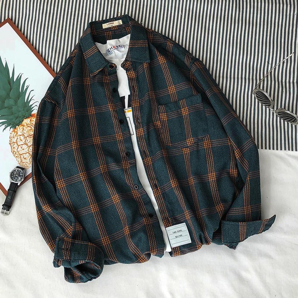 Мужская повседневная модная клетчатая печать, свободная рубашка с лацканами и длинными рукавами, топы, блузка