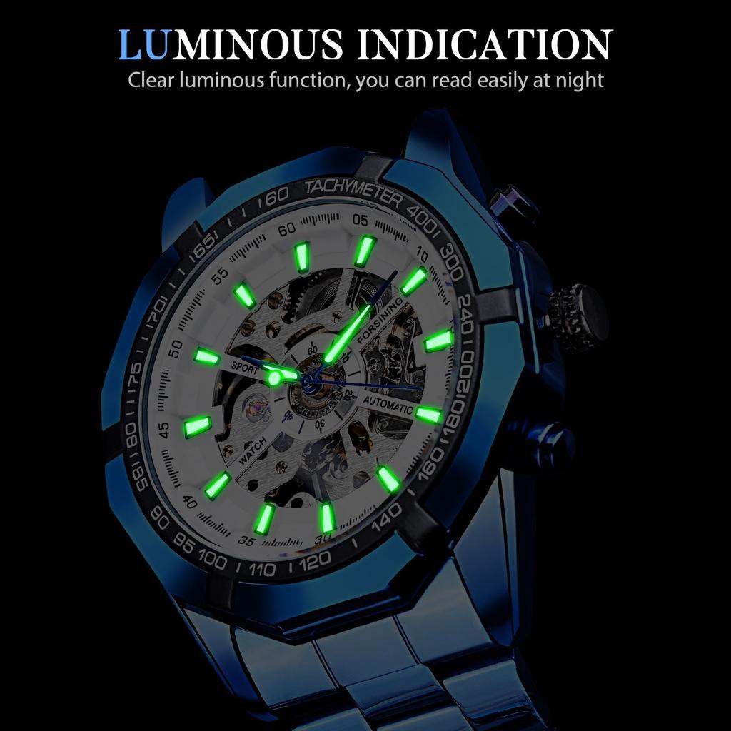 Forsining Men's Fashion Casual Hollow Blue Electroplated Automatic Mechanical Watch GMT1137-10-A