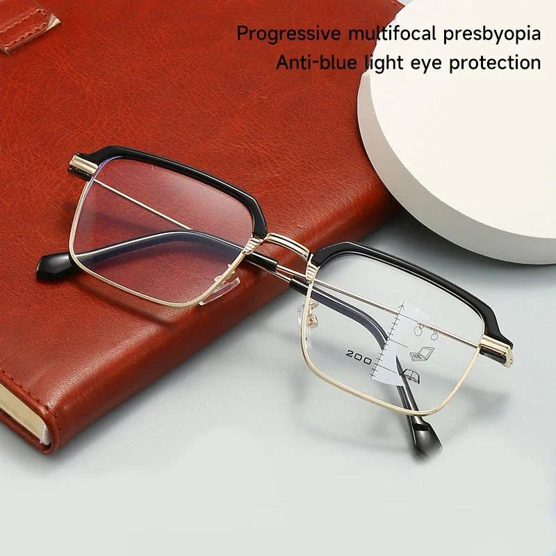 Anti Blue Light Dual Use For Far And Near Metal Square Progressive Multifocus Presbyopia Glasses High-Definition Reading Glasses
