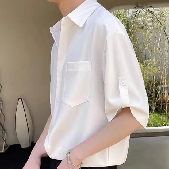 Мужская летняя рубашка, сплошной цвет, пуговицы, лацкан, половина рукава, однобортный, свободный, нагрудный карман, запонка, мягкий дышащий, быстросохнущий повседневный деловой топ