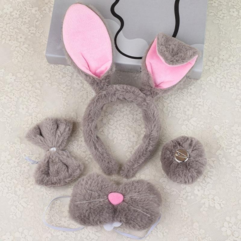 Ободок с кроличьими ушками, бабочка, нос, кроличий хвостик для Хэллоуина, косплей-вечеринки, 4 шт., костюм пасхального кролика для детей и взрослых