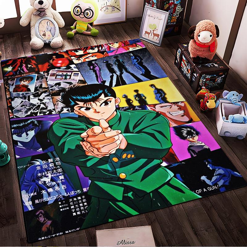 Anime Style Rug with Green Uniform Boy and Colorful Collage Design Suitable for use as an anti-slip for living room bedroom sofas