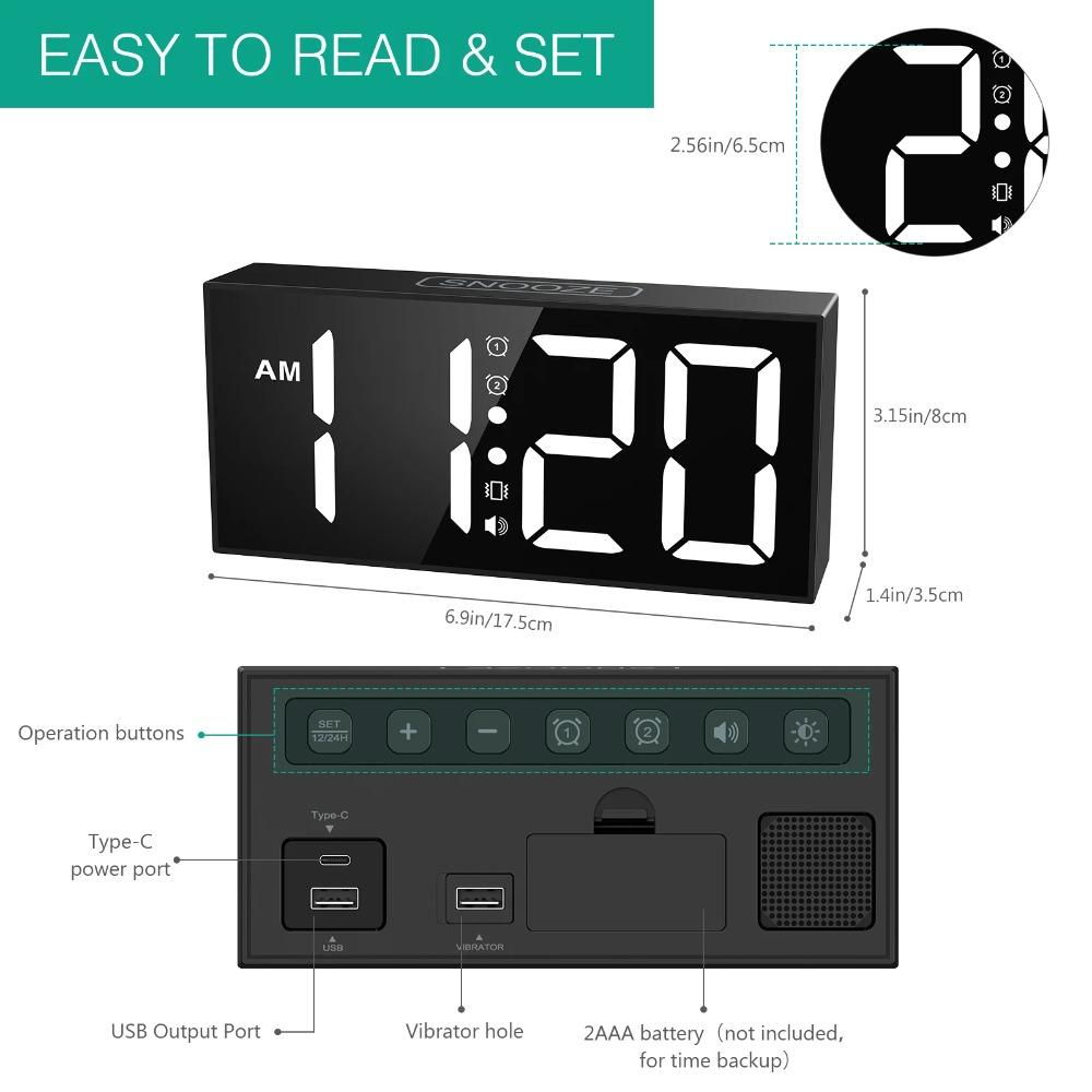 Adjustable Brightness Digital Alarm Clock Adjustable Volume Bedside Alarm Clock Hearing Impaired
