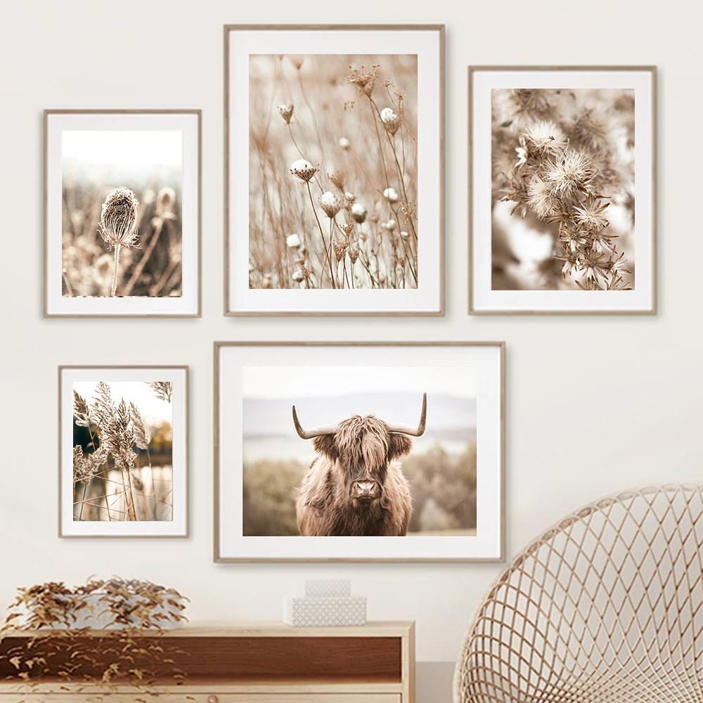Dried Grass Wall Art Print Nordic Posters Highland Elk Canvas Painting Landscape Dandelion DecorationPictures for Home Room Art