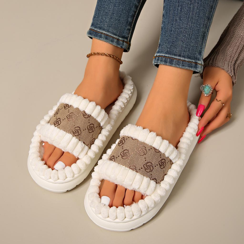 Fashion Women Home Slippers Warm Plush Shoes Ladies Fluffy Shoes Cozy Open Toe Indoor Slides Women Fuzzy Non-Slip Bedroom Slippers