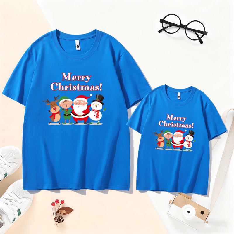 2026 Christmas Parent-Child T-Shirt - Santa & Reindeer Design for Families of 3-4, Pure Cotton, Short-Sleeve