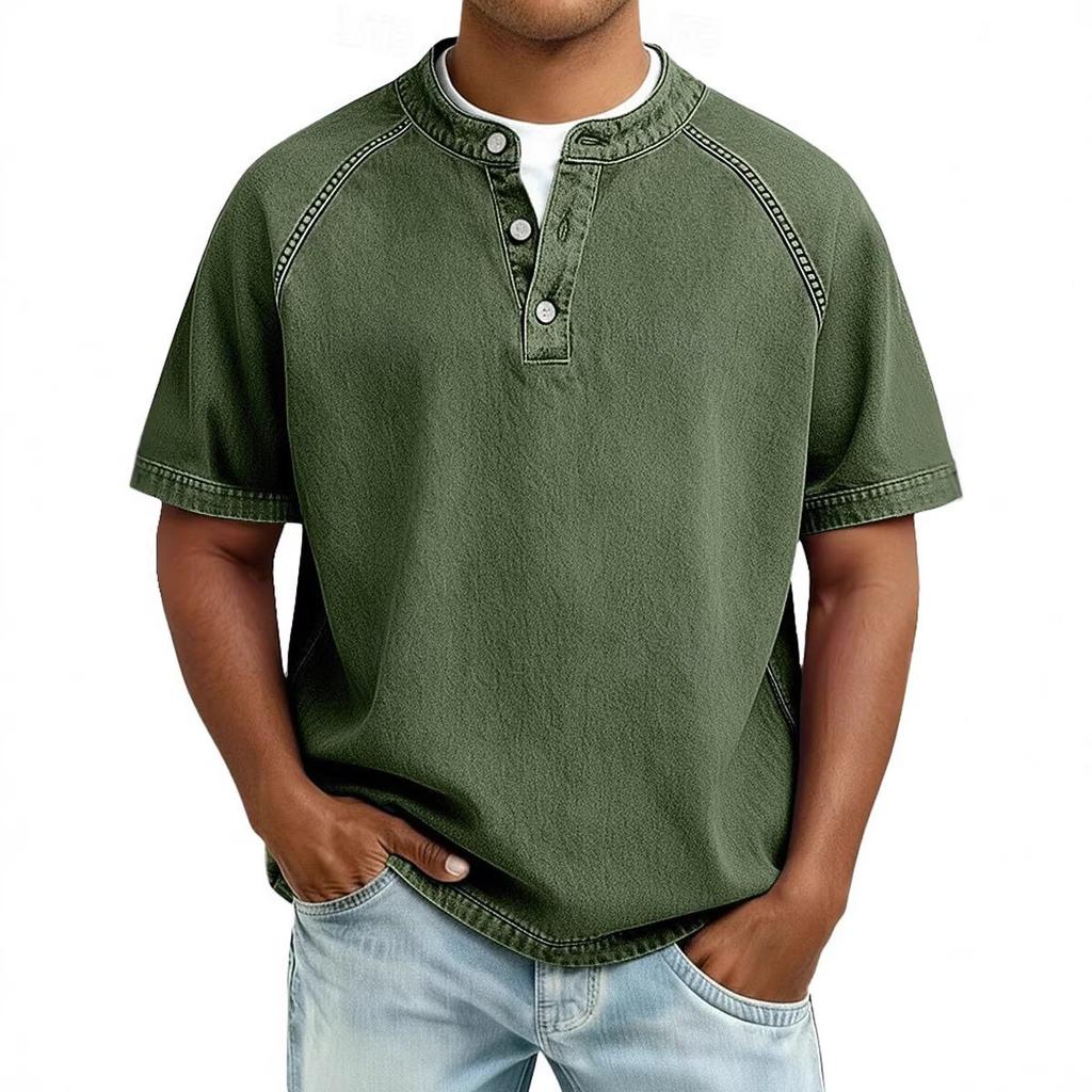 Men's Vintage Washed Henley T-Shirt Casual Solid Color Short Sleeve Tops Breathable Button Placket Tee for St… More