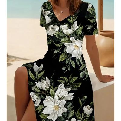 Летняя мода Женское платье с V-образным вырезом и короткими рукавами Ретро с цветочным принтом Сексуальное короткое платье