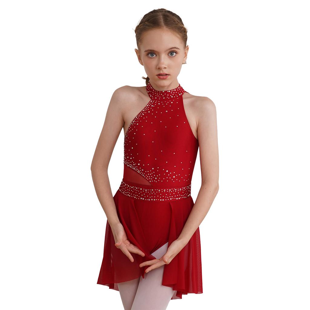 Девочки Сверкающие Стразы Купальник Платье Без рукавов Асимметричный Подол Лирический Танец Выступление Элегантный Наряд