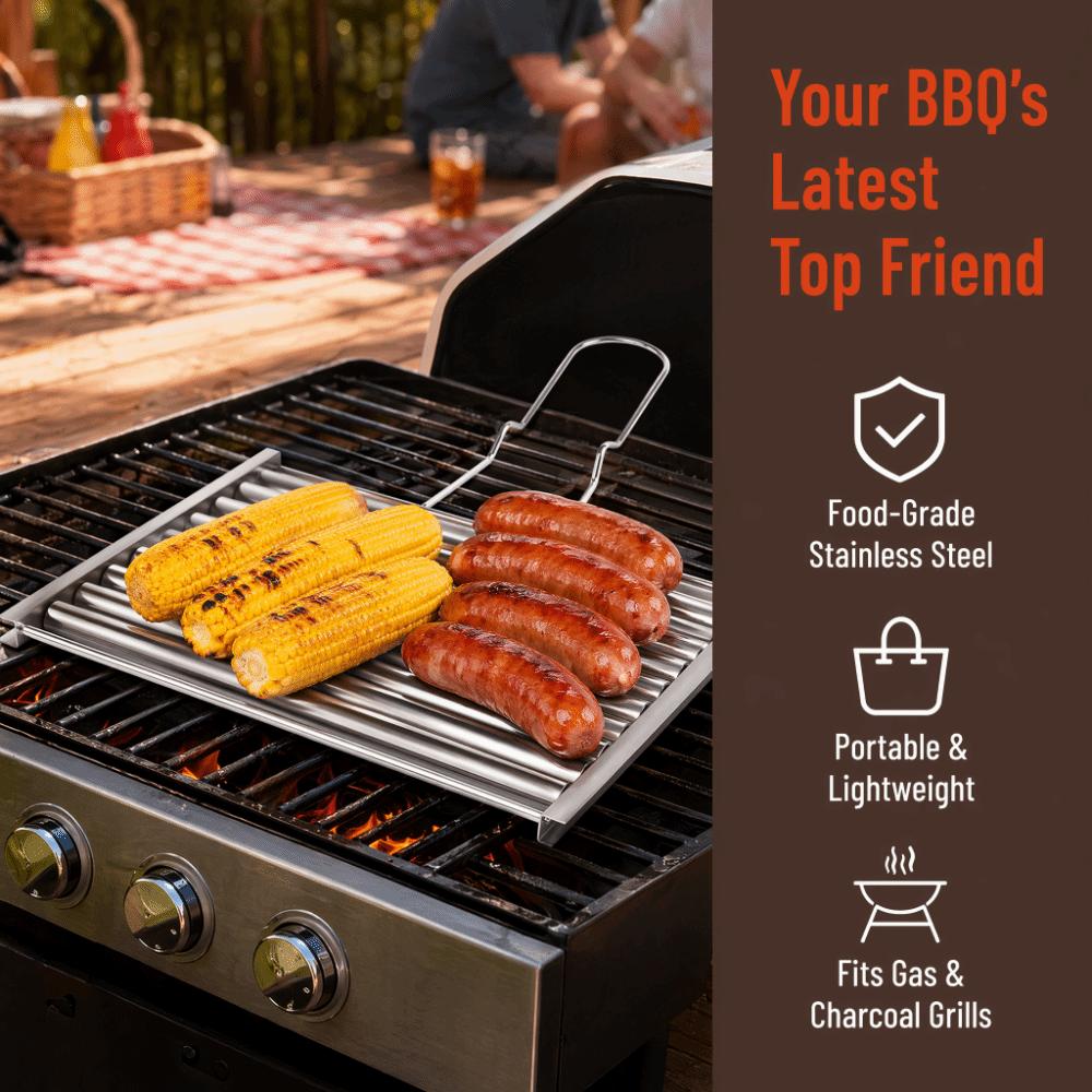 Silver Sausage Roller Rack Foldable Handle Rolling Grill Basket Durable BBQ Grill Rack Tailgating