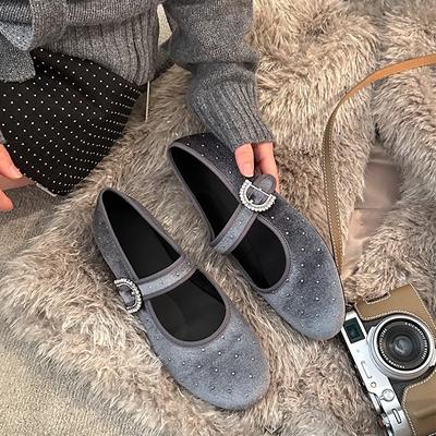 Французские одинарные туфли женские 2025 весна новые ретро дизайн балетки на плоской подошве с мелким вырезом туфли Мэри Джейн со стразами