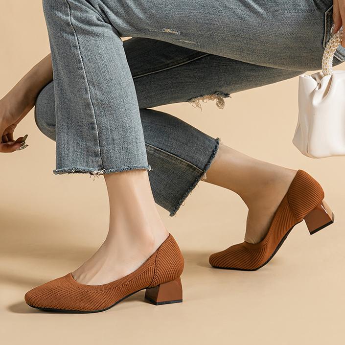 Женские туфли на однотонном каблуке Вязаные туфли-лодочки Женские модельные туфли на низком каблуке Офисные повседневные туфли с квадратным носком в деловом стиле на массивном каблуке Модные женские туфли без шнуровки