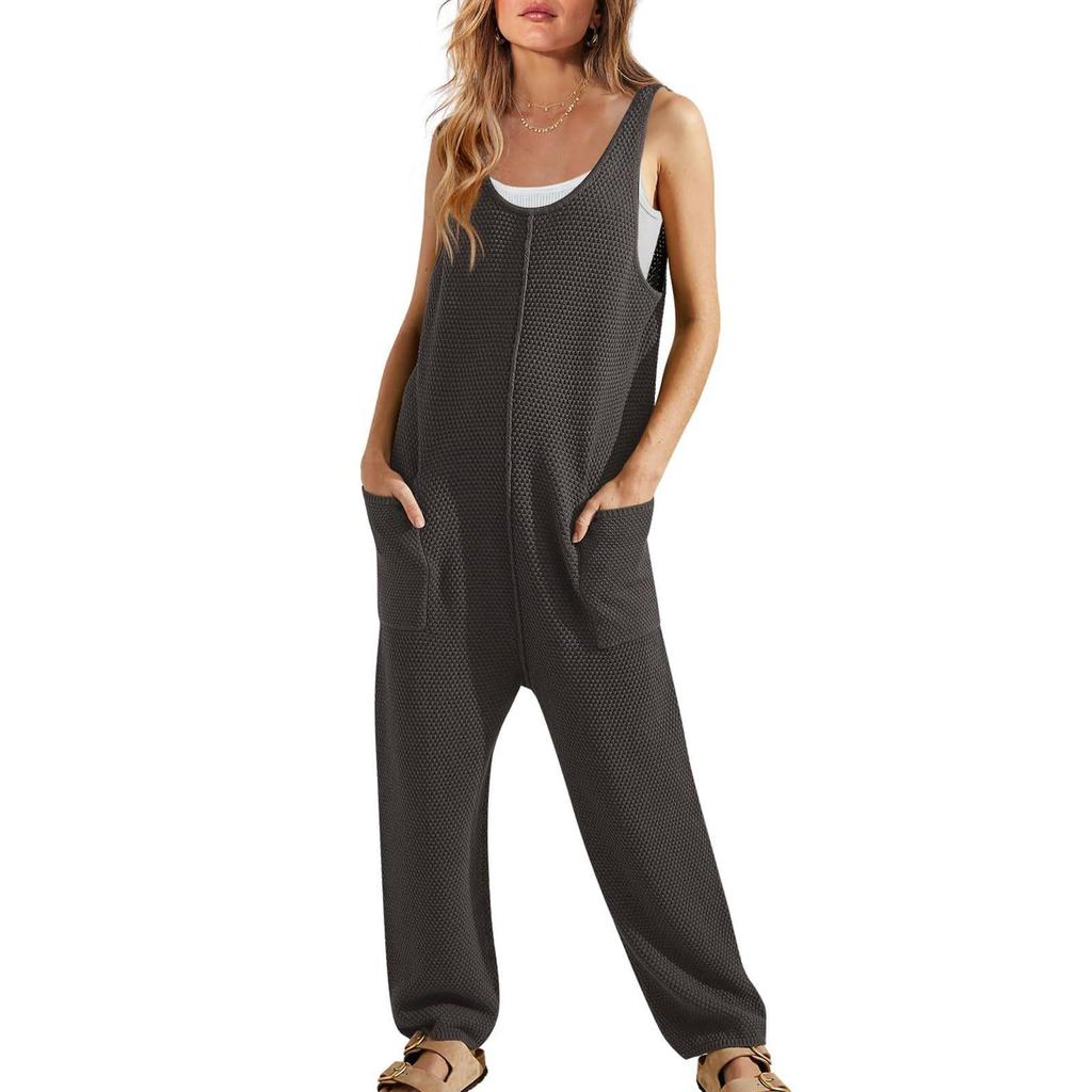 2024 Spring/Summer Women's Sleeveless U-Neck Loose Jumpsuit with Double Pockets