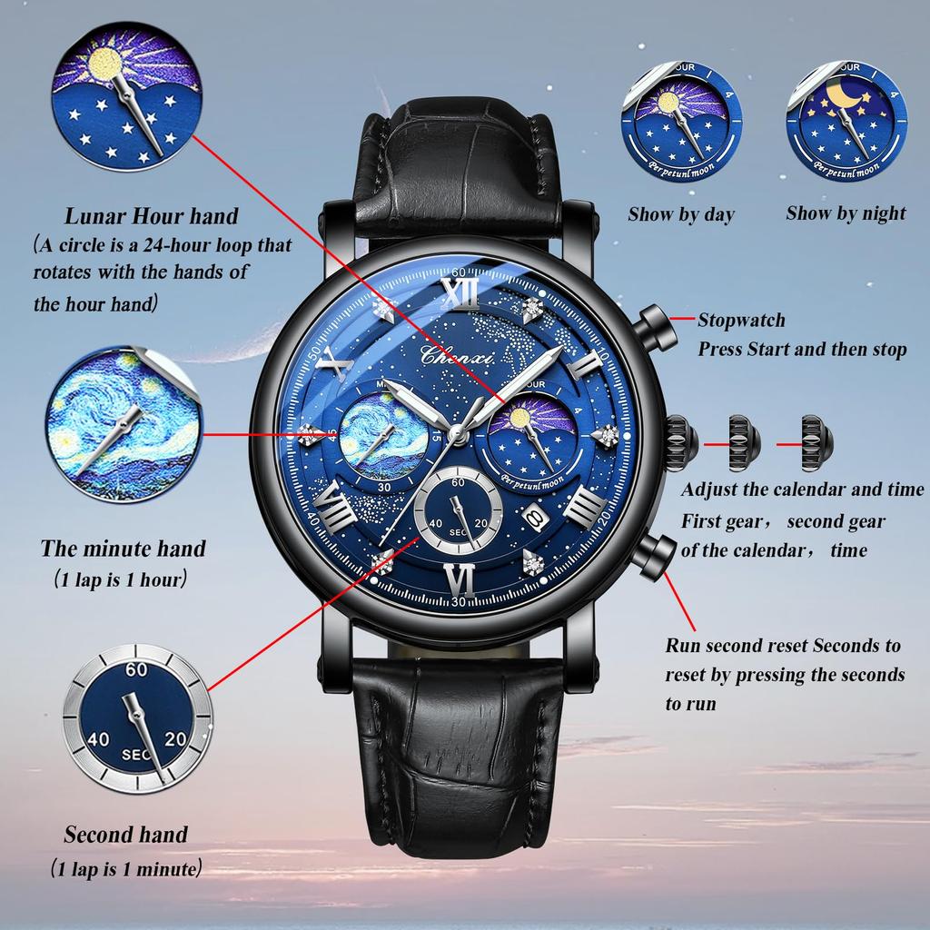 Watch Genuine Leather Strap Van Gogh Starry Analog Calendar Leather Strap Waterproof Quartz Watch Black Fashion Watch Day Birthday Christmas Day Gift