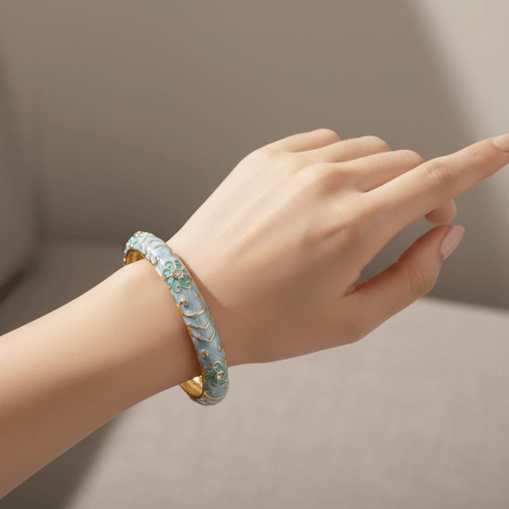 Traditional Chinese Flower Bangle Big Floral Women's Hand Bracelet Vintage Cloisonne Bangle Ladies