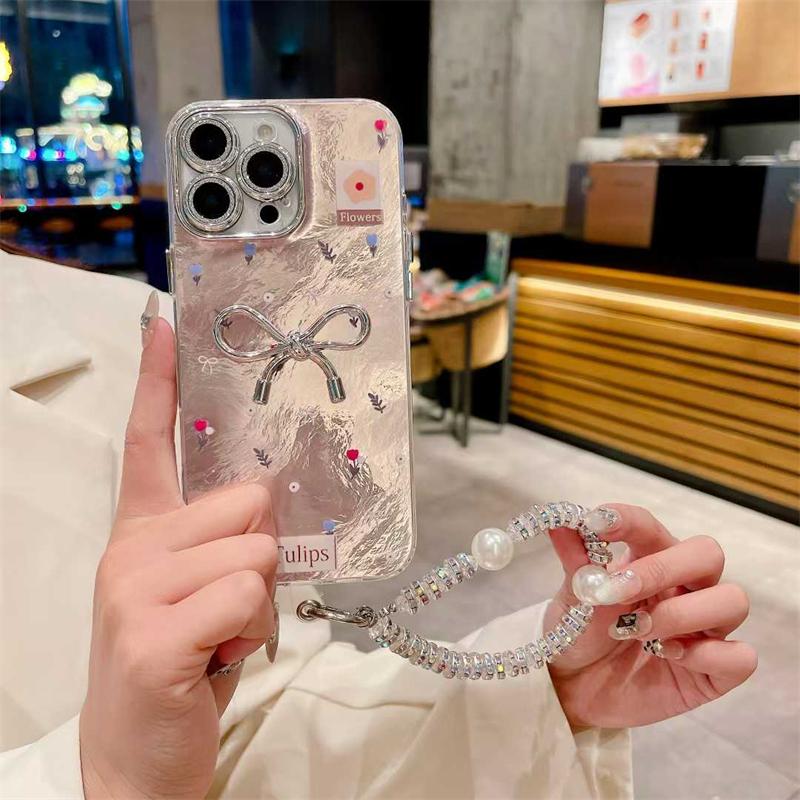 Korea Flower Bracelet 3D Silver Bowknot Case For Iphone 16 15 14 13 12 11 Pro XS Max Plus Girl Clear Cover Epoxy Shell