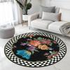 Vintage Floral Round Rug Black Background Colorful Flower Pattern Floor Mat Geometric Checkerboard Pattern Home Decor Carpet