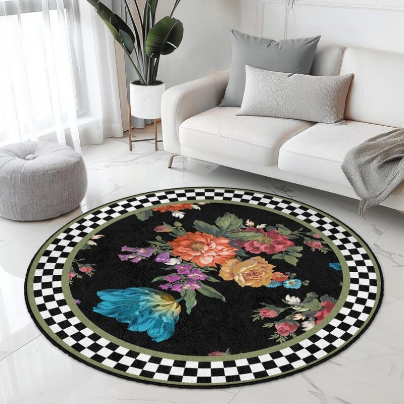 Vintage Floral Round Rug Black Background Colorful Flower Pattern Floor Mat Geometric Checkerboard Pattern Home Decor Carpet