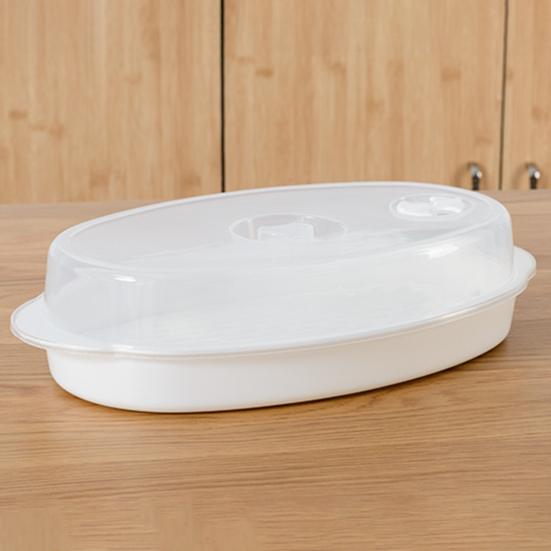 Steamed Fish Plate with Transparent Cover Microwaveable Fish Steamer Pan Cooking Dish for Home Kitchen