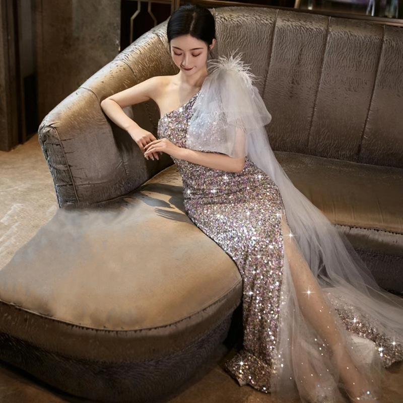 Новая тостовая одежда haute couture легкая роскошь вечернее платье женское ощущение одно плечо рыбий хвост пайетки официальные мероприятия платье ведущей