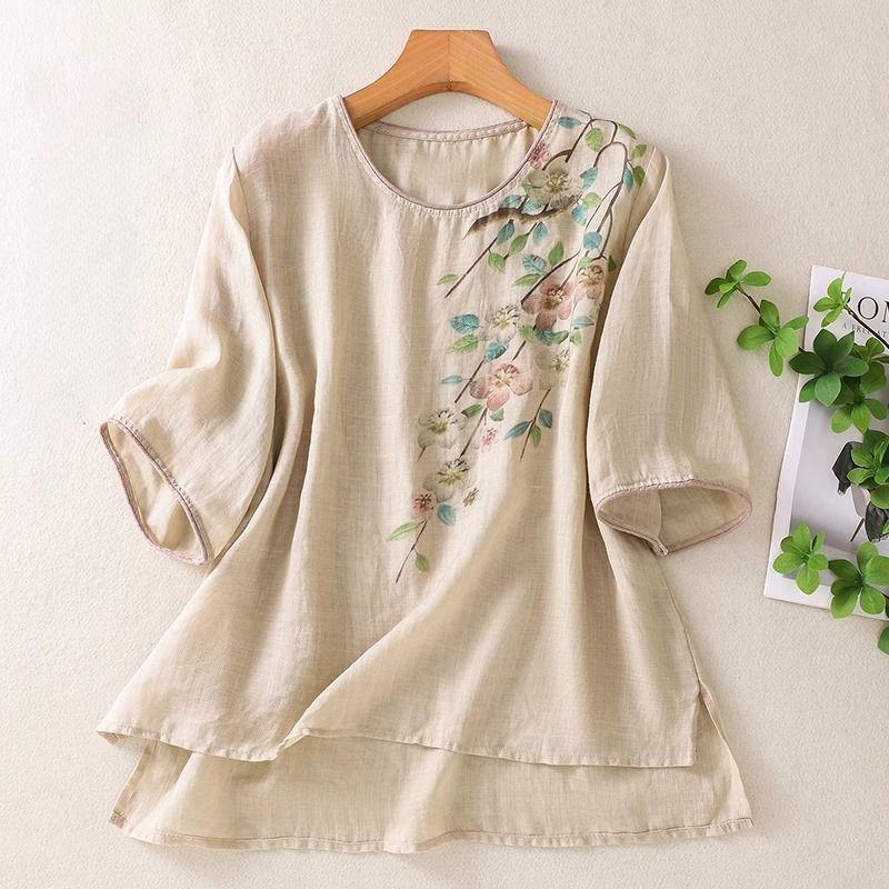 Топы в китайском стиле ретро из хлопка и льна для женщин летние тонкие свободные футболки с коротким рукавом