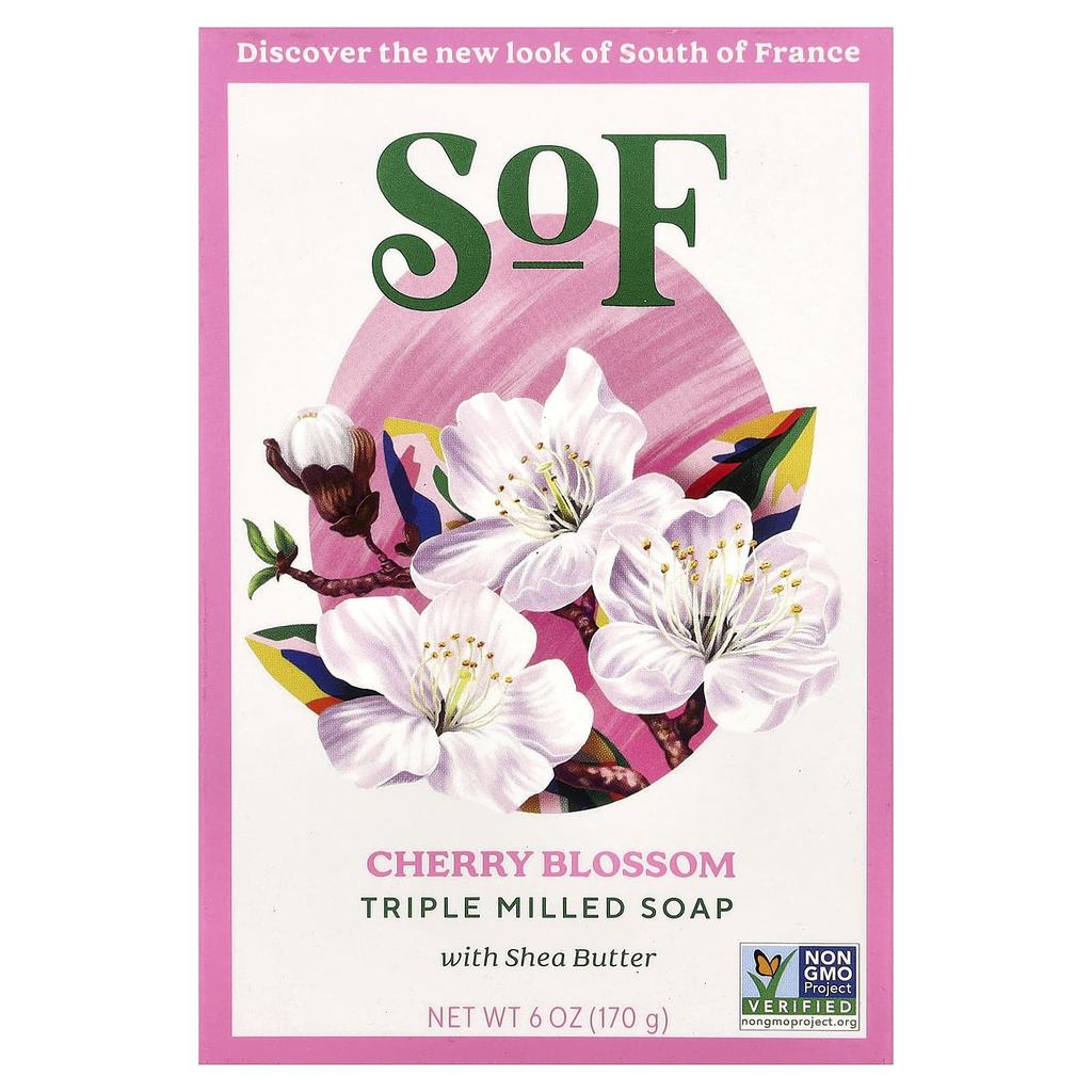 French Milled Bar Soap with Organic Shea Butter, Cherry Blossom, 170G(6Oz)